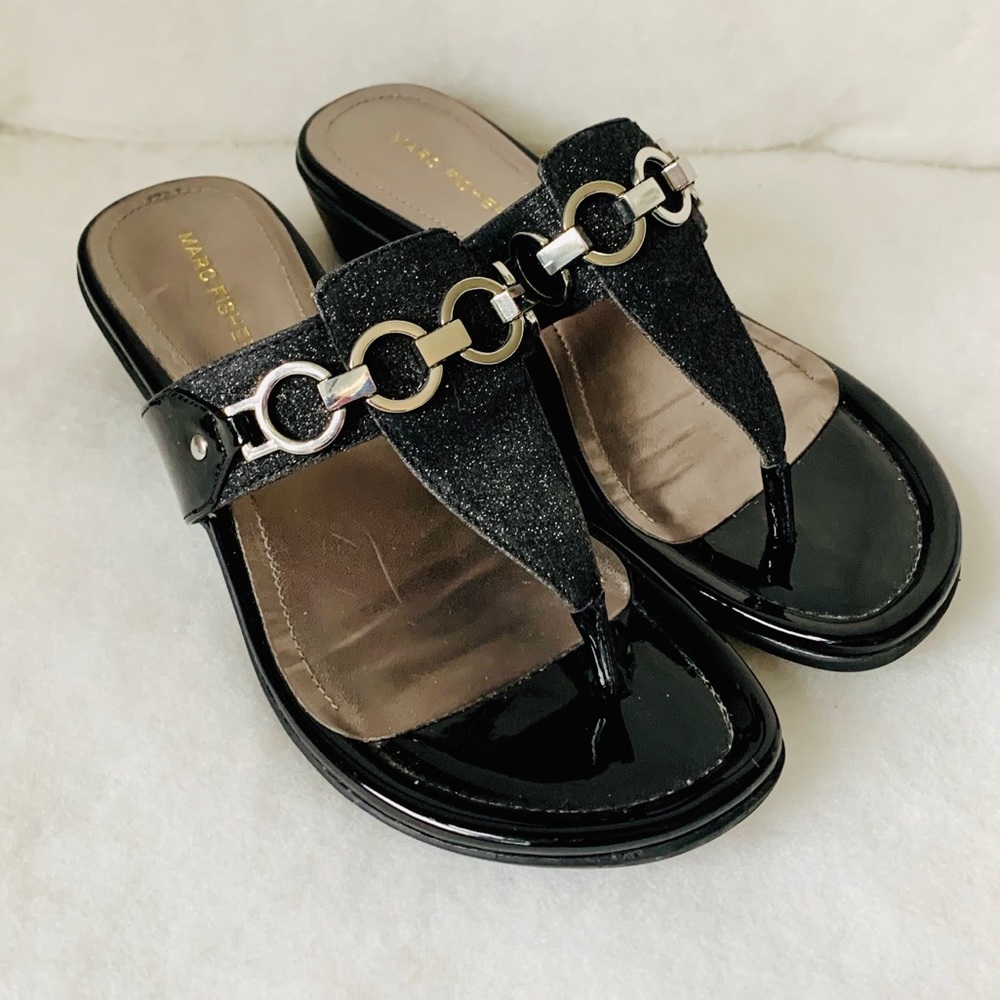 MARC FISHER Alynda Sandal Black Silver Glitter 8.5